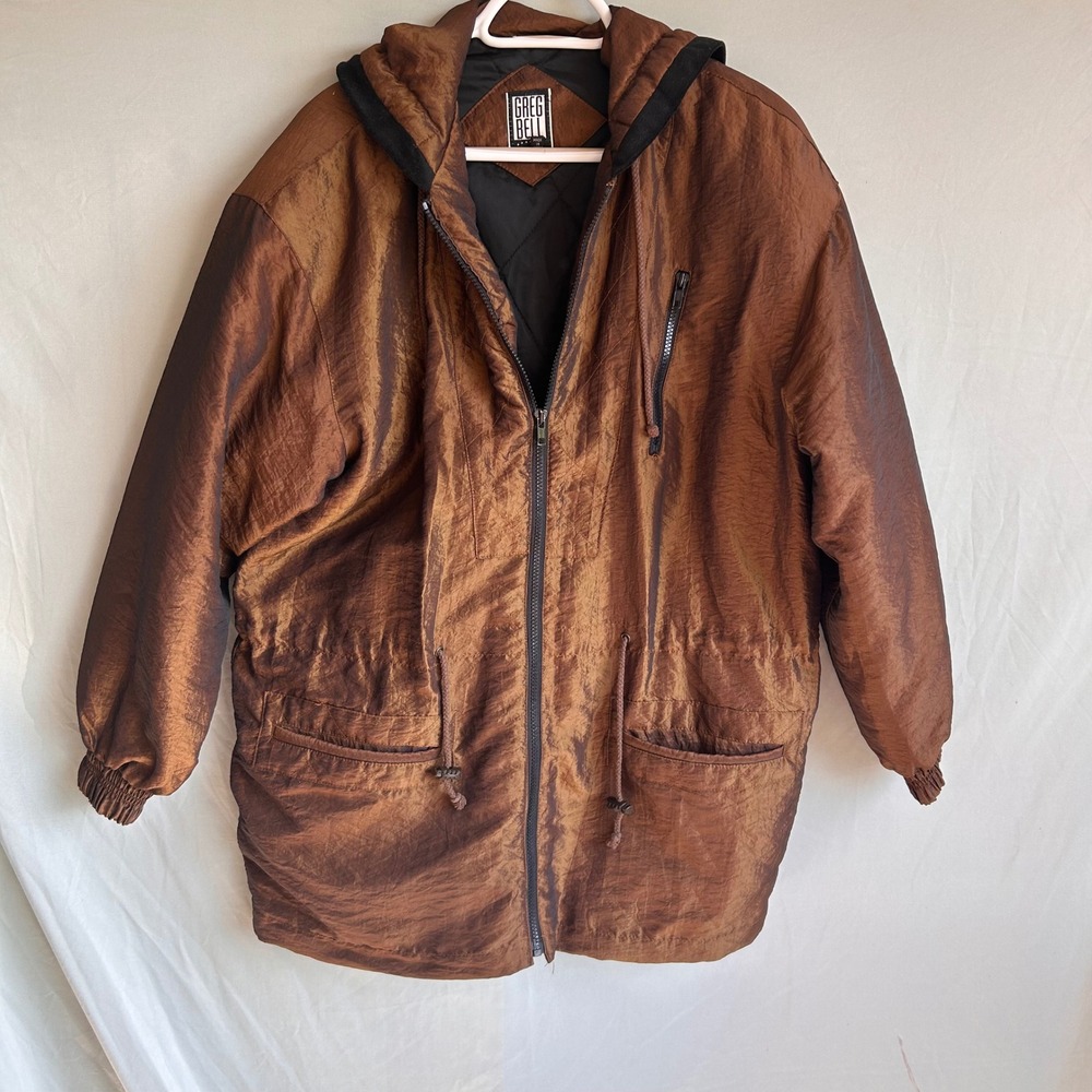 Vintage Greg Bell 90s Bronze Brown Y2K Parka Tibet Lamb Fur Hood Jacket Small